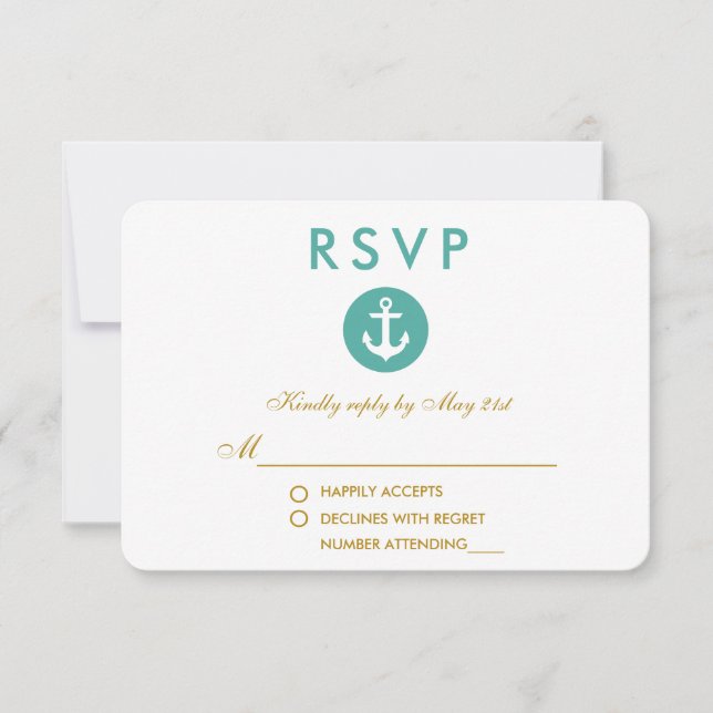 Wedding Nautical Anchor Teal RSVP Gold (Front)