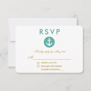 Wedding Nautical Anchor Teal RSVP Gold Card