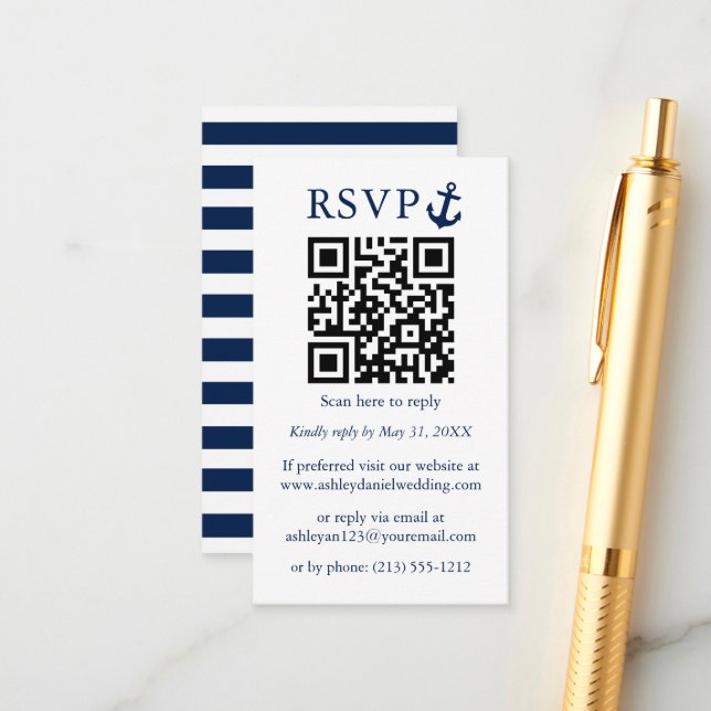 Wedding Nautical Blue Anchor QR RSVP Striped Enclosure Card (Front/Back In Situ)