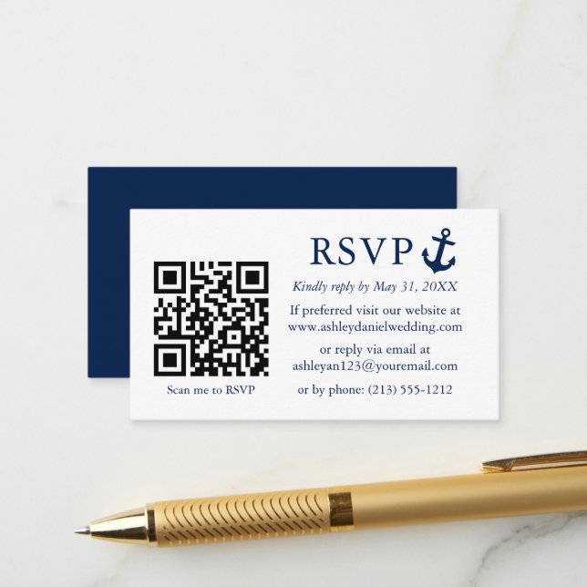 Wedding Nautical Blue Anchor RSVP QR Enclosure Card (Front/Back In Situ)