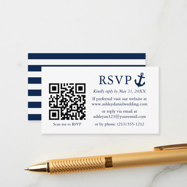 Wedding Nautical Blue Anchor RSVP QR Striped Enclosure Card (Front/Back In Situ)