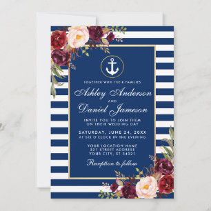 Wedding Nautical Blue Stripes Burgundy Invite