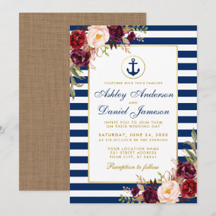 Wedding Nautical Blue Stripes Burgundy Invite B