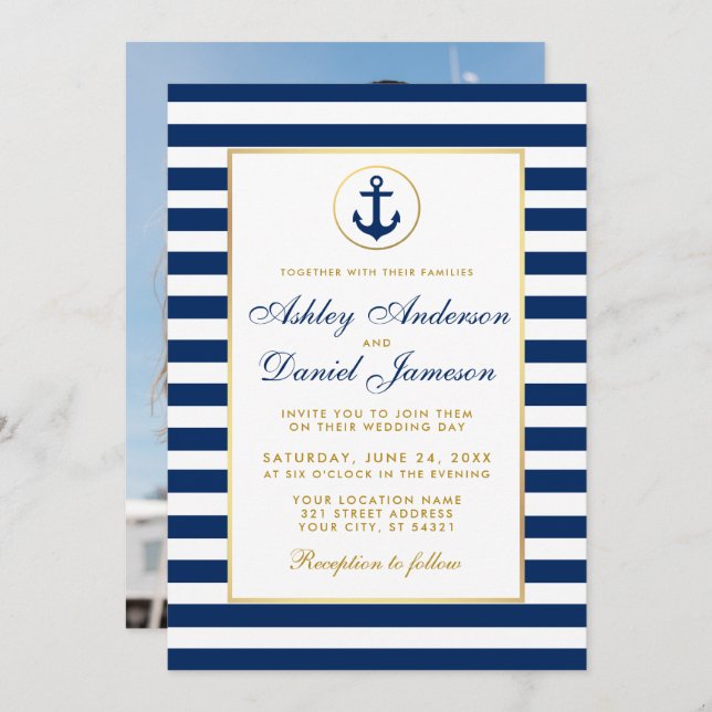 Wedding Nautical Blue Stripes Invite BG Photo Back (Front/Back)