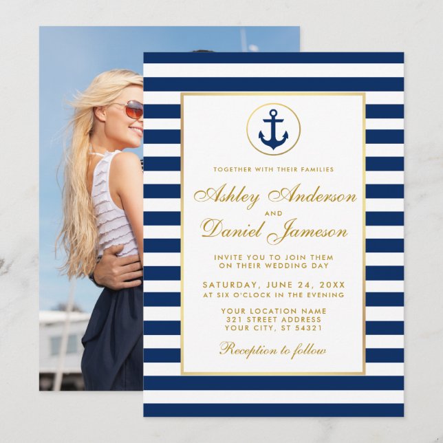 Wedding Nautical Blue Stripes Invite G Photo Back (Front/Back)