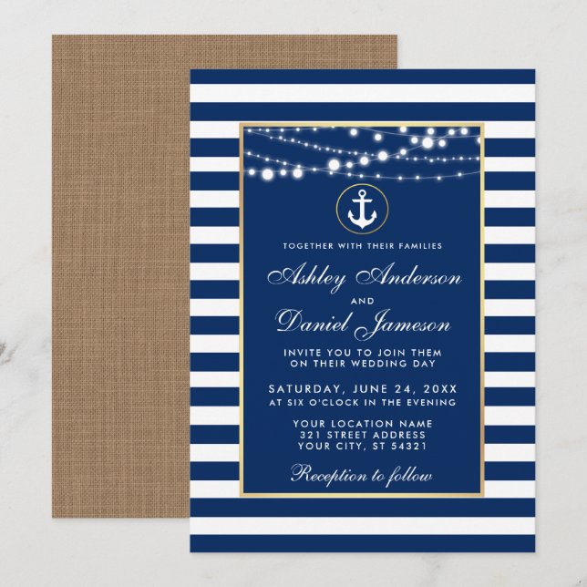 Wedding Nautical Blue Stripes Lights Invite B (Front/Back)