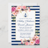 Wedding Nautical Blue Stripes Pink Floral Invite W