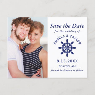 Wedding Nautical Captain's Wheel Photo Navy Blue Announcement Postcard