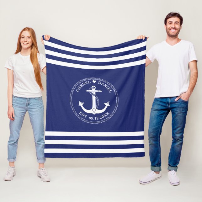 Wedding Nautical White Anchor Blue Stripe Monogram Fleece Blanket (In Situ)