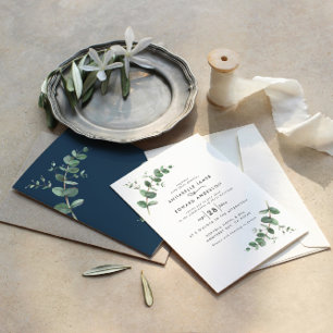 Wedding navy blue Eucalyptus simple modern Invitation