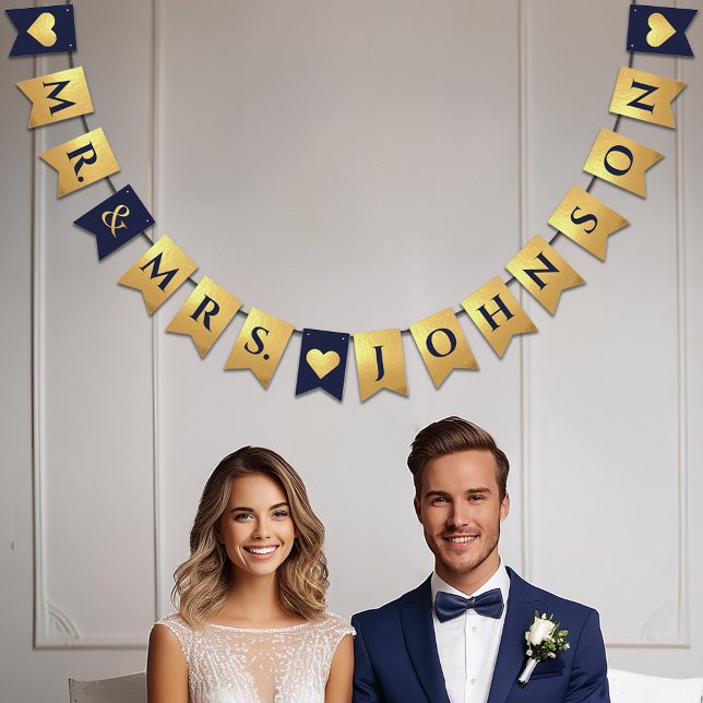 Wedding Navy Blue Faux Gold Hearts Mr. & Mrs. Name Bunting Flags (Creator Uploaded)