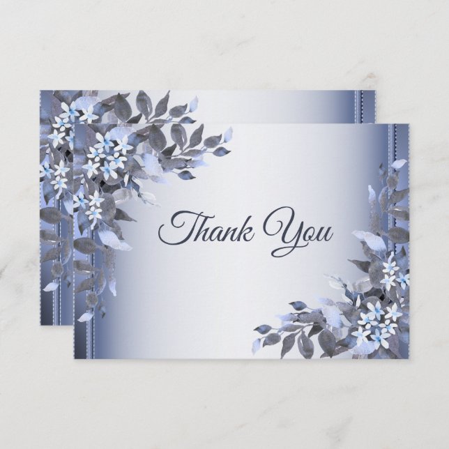 Wedding Navy Blue Floral Silver Elegant Thank You Card (Front/Back)