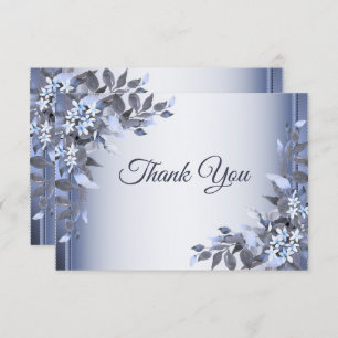 Wedding Navy Blue Floral Silver Elegant Thank You Card