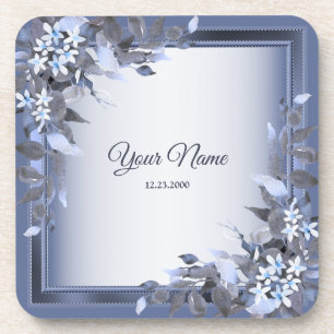 Wedding Navy Blue Floral Silver Gray Party Elegant Coaster