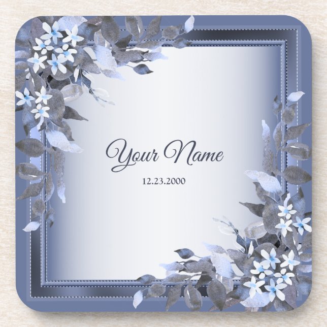 Wedding Navy Blue Floral Silver Gray Party Elegant Coaster (Front)