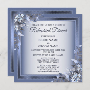 Wedding Navy Blue Floral Silver Rehearsal Dinner Invitation