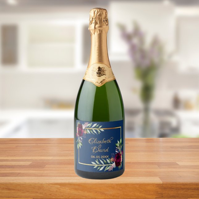 Wedding navy blue florals names sparkling wine label (Creator Uploaded)
