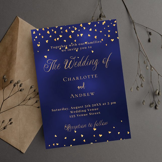 Wedding navy blue gold hearts elegant script invitation postcard (Creator Uploaded)