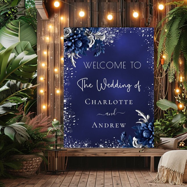 Wedding navy blue silver glitter flowers welcome poster (Creator Uploaded)