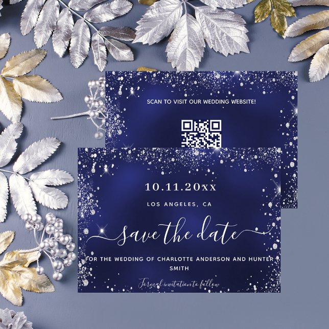 Wedding navy blue silver glitter QR code Save The Date (Creator Uploaded)