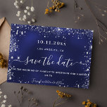 Wedding navy blue silver glitter save the date<br><div class="desc">A modern and elegant Save the Date for a wedding. A navy blue background decorated with faux silver sparkles.  The blue colour is unveven. Personalize and add a date and names. The text: Save the Date is written with a large trendy hand lettered style script with swashes.</div>