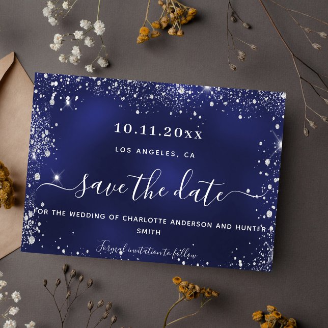 Wedding navy blue silver glitter save the date (Creator Uploaded)