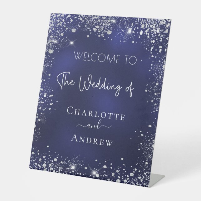 Wedding navy blue silver glitter welcome pedestal sign (Front)