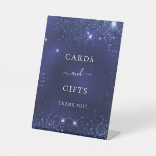 Wedding navy blue sparkles cards gifts pedestal sign