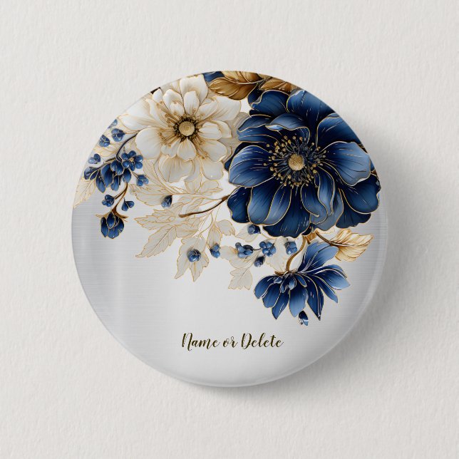 Wedding Navy Blue White Golden Floral Silver 2 Inch Round Button (Front)