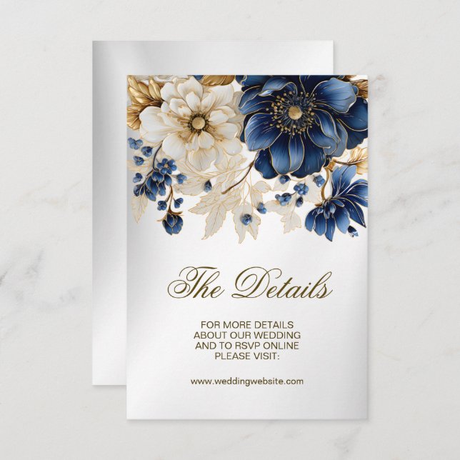 Wedding Navy Blue White Golden Floral Silver Enclosure Card (Front/Back)