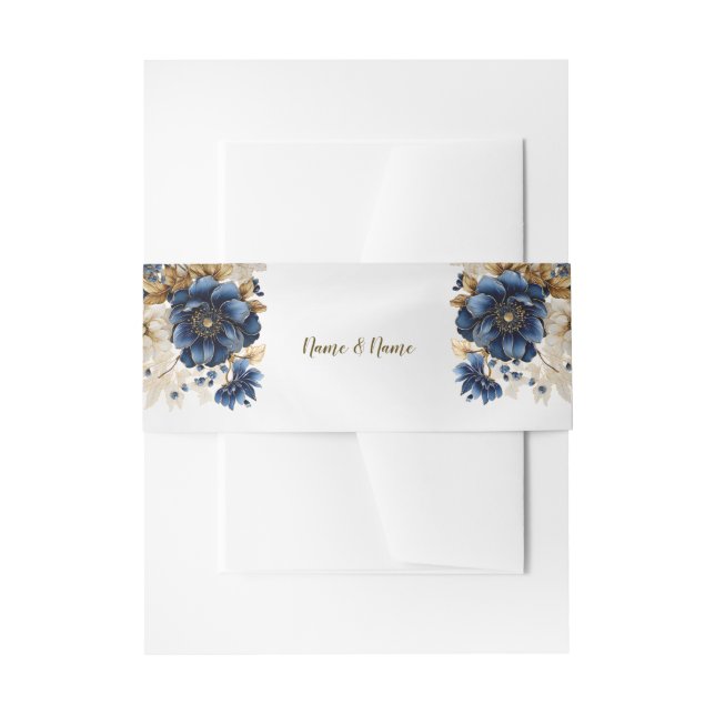 Wedding Navy Blue White Golden Floral Silver Invitation Belly Band (Front Example)