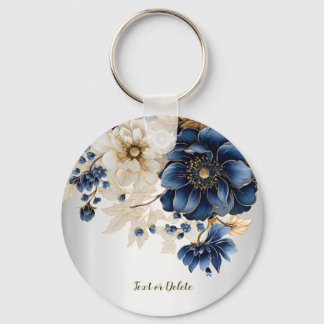 Wedding Navy Blue White Golden Floral Silver Keychain