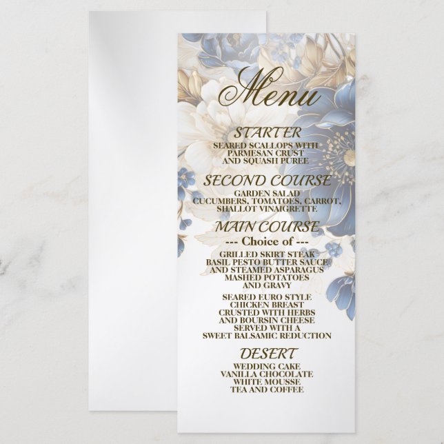 Wedding Navy Blue White Golden Floral Silver Menu (Front/Back)