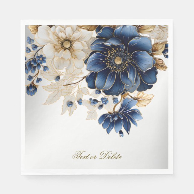 Wedding Navy Blue White Golden Floral Silver Napkin (Front)