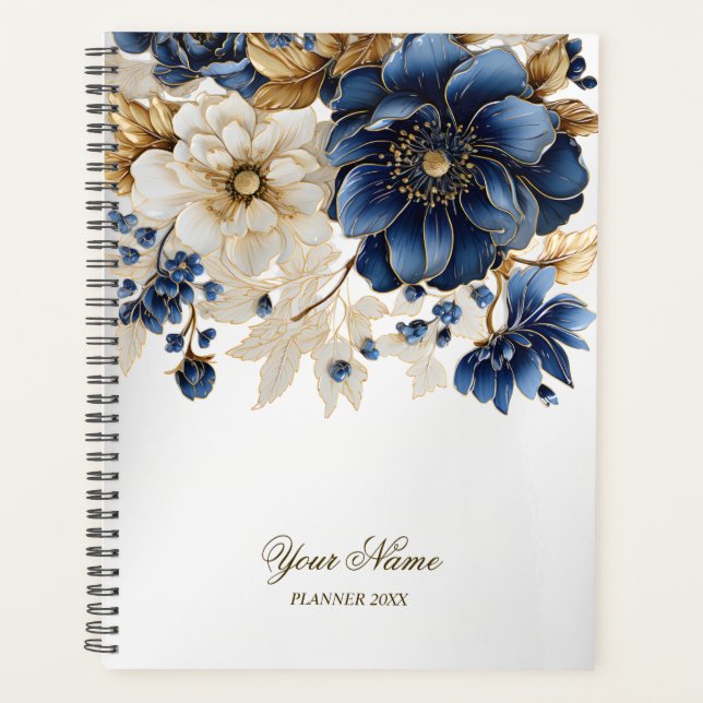 Wedding Navy Blue White Golden Floral Silver Planner (Front)