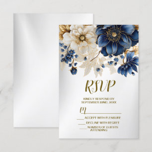 Wedding Navy Blue White Golden Floral Silver RSVP Card
