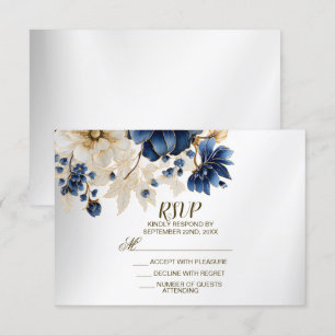 Wedding Navy Blue White Golden Floral Silver RSVP Card
