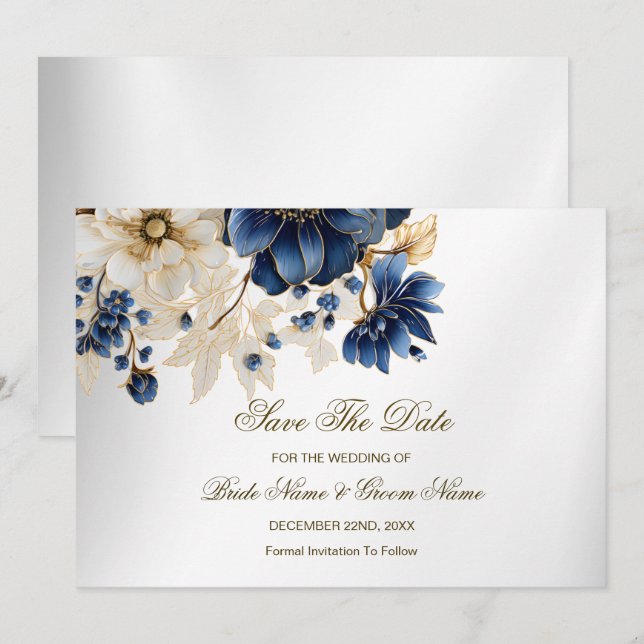 Wedding Navy Blue White Golden Floral Silver Save The Date (Front/Back)