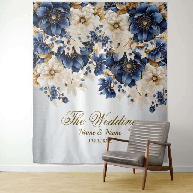 Wedding Navy Blue White Golden Floral Silver Tapestry (In Situ)