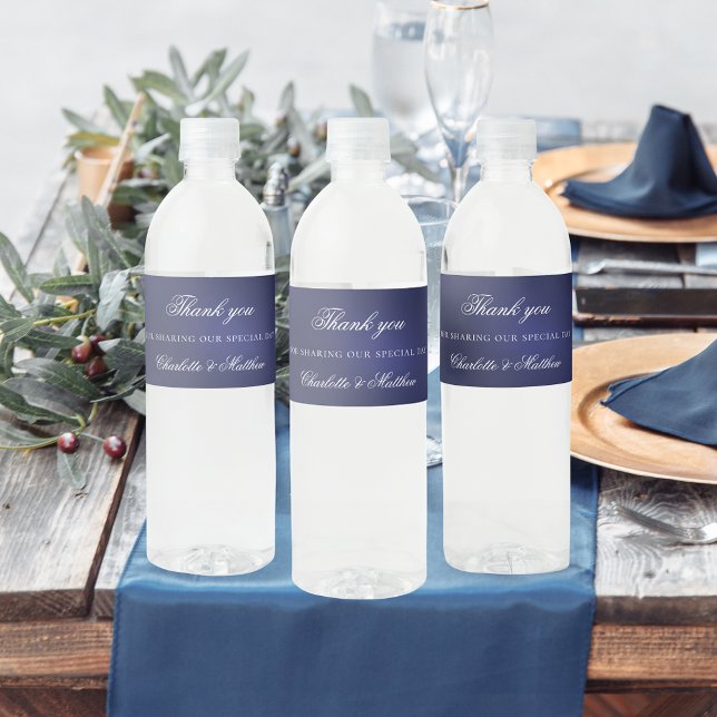 Wedding navy blue white script thank you water bottle label (Creator Uploaded)