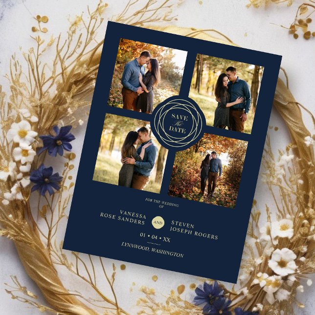 Wedding Navy Gold 4 Photos Modern Collage Script (Wedding Navy Gold 4 Photos Modern Collage Script Save the Date with Envelope.)