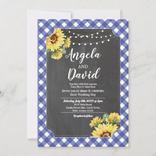 Wedding Navy Sunflower Gingham Floral Lights Invitation
