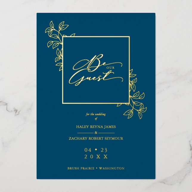 Wedding Navy Trendy Modern Branches Frame Photo (Front)
