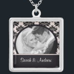 Wedding Necklace Photo Black Pink Damask Pendant<br><div class="desc">Pink & Black Damask Photo wedding couple photo necklace!  Perfect gift for the newly wed couple!</div>