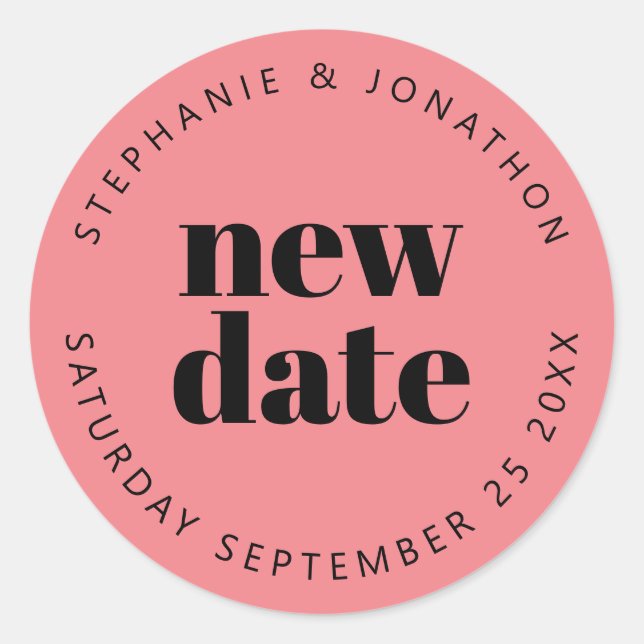 Wedding New Date Names simple text black coral Classic Round Sticker (Front)