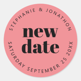 Wedding New Date Names simple text black coral Classic Round Sticker
