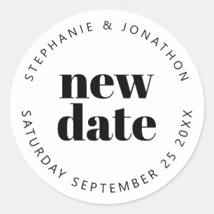 Wedding New Date Names simple text black white Classic Round Sticker