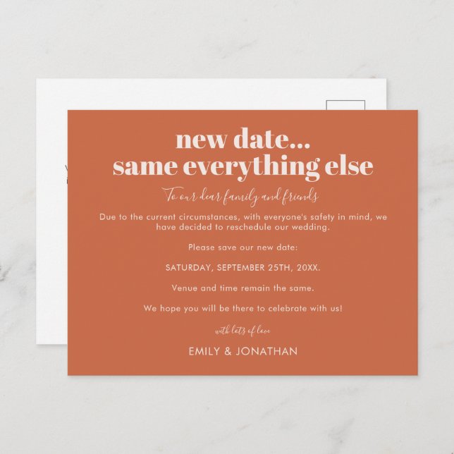 Wedding New Date Same Everything Else Terracotta  Announcement Postcard (Front/Back)