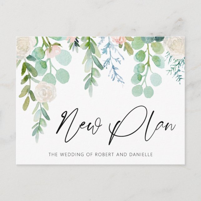 Wedding NEW PLAN Watercolor Floral Greenery Announcement Postcard (Front)