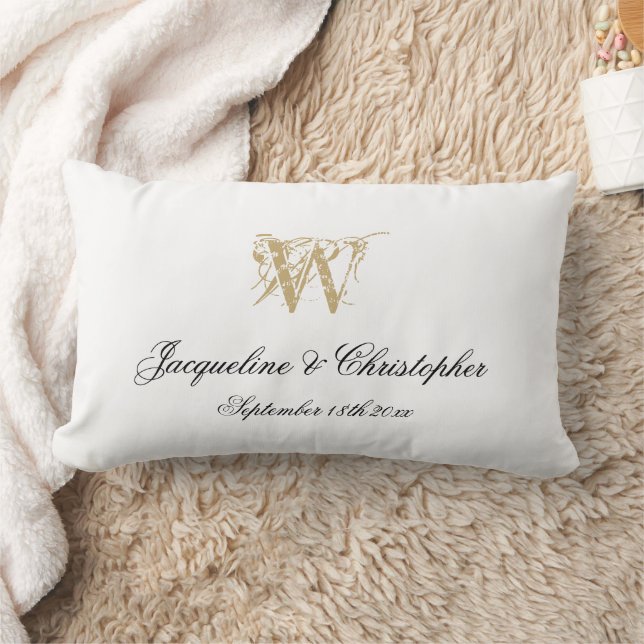 Wedding Newlywed Gift White Gold Monogram Keepsake Lumbar Pillow (Blanket)